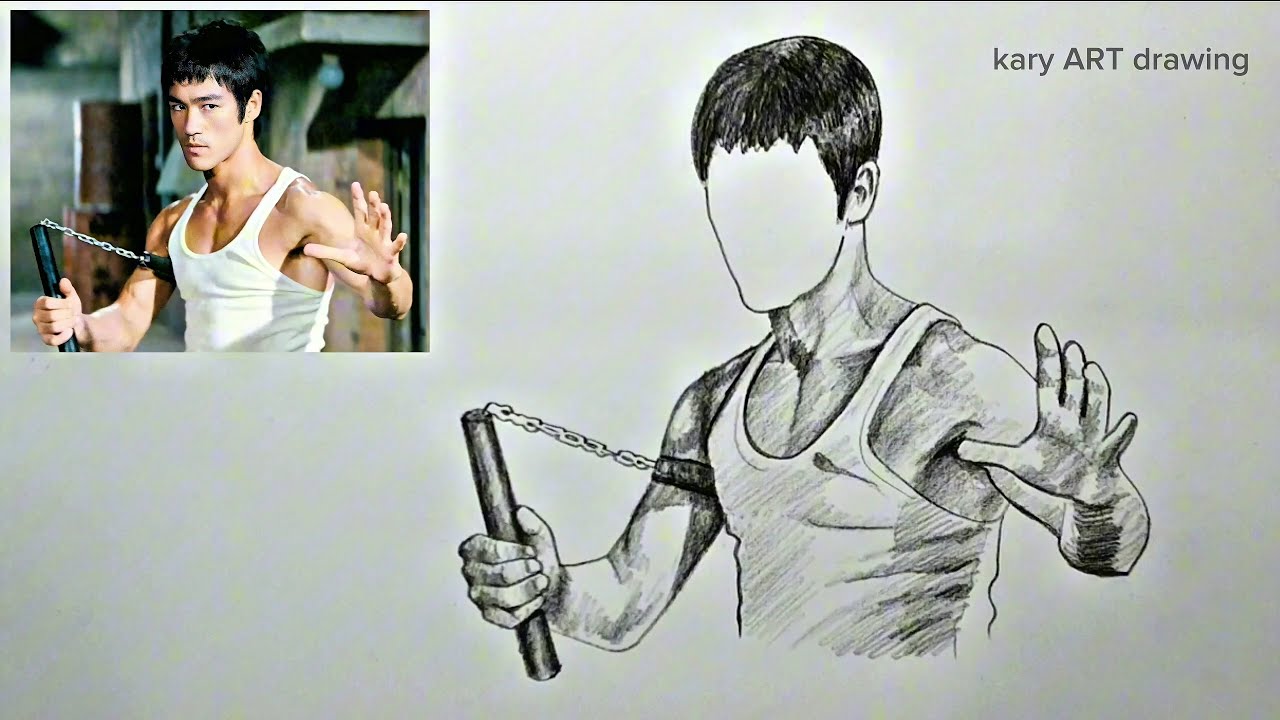 How to draw a Bruce Lee with his stick ✍️ Sketching Bruce Lee step-by-step tutorial 👍❤️