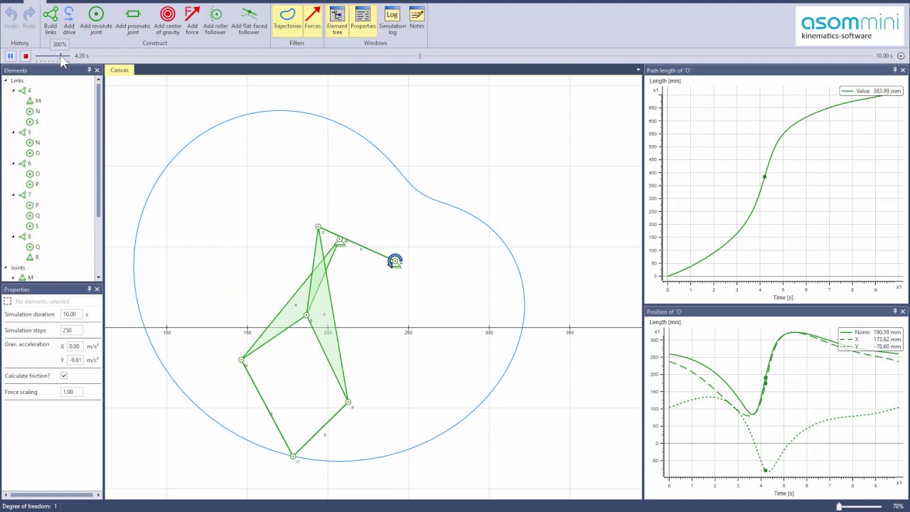 Siebengelenk Simulation in der Kinematik Software ASOMmini