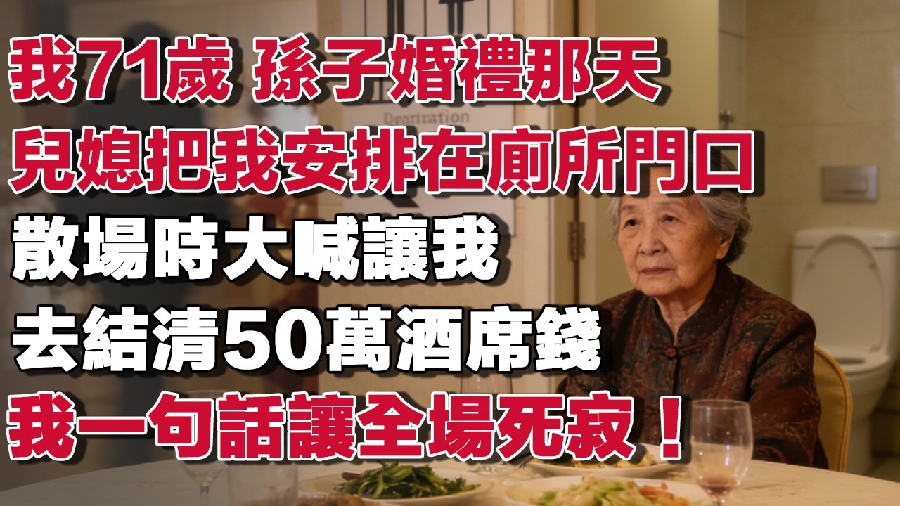 我71歲 孫子婚禮那天兒媳把我安排在廁所門口散場時大喊讓我去結清50萬酒席錢我一句話讓全場死寂！​#情感故事 #養老故事 #樂齡故事匯