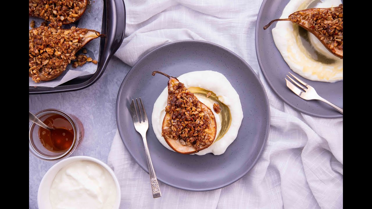 &lsquo;Crumble&rsquo; Stuffed Pears With Honey Yoghurt