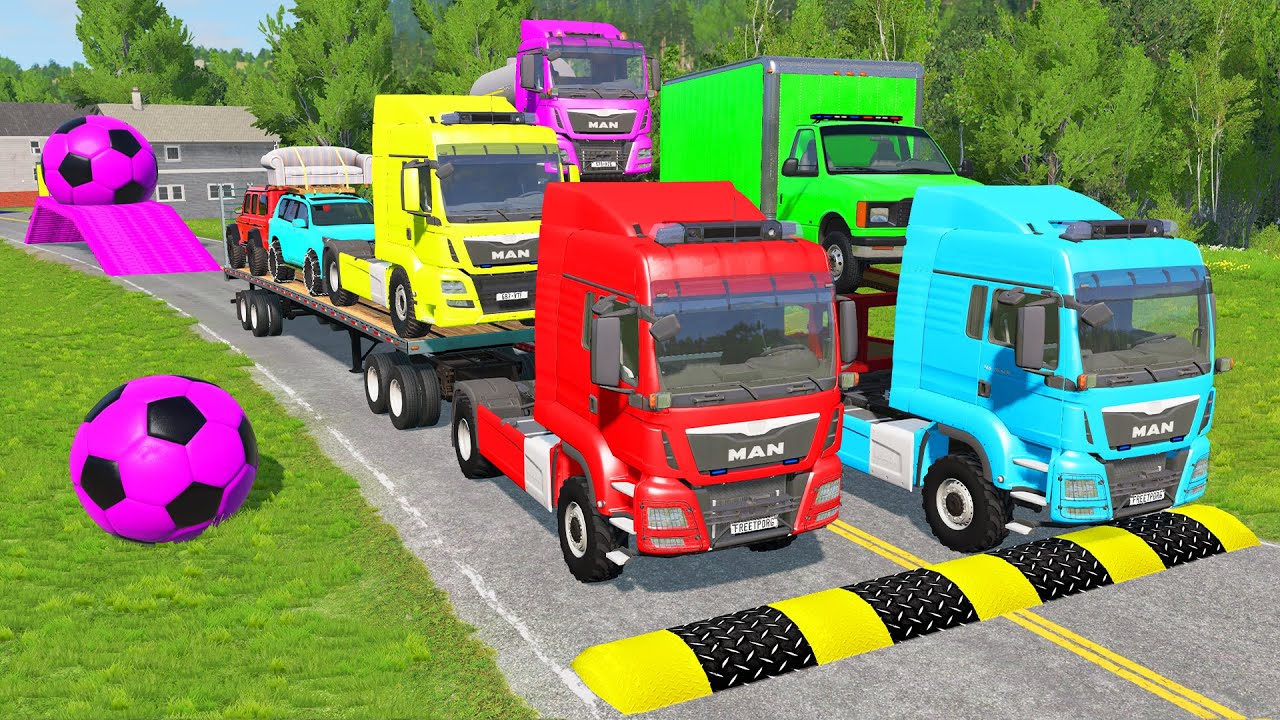 Triple Flatbed Trailer McQueen Transportation with Truck - Speedbumps vs Cars vs Train - BeamNG #14