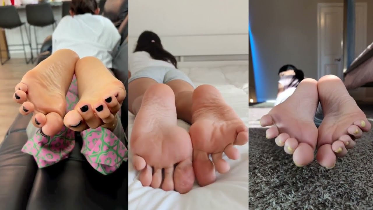 Cute girls showing feet in face from behind - closeup POV splitscreen videos