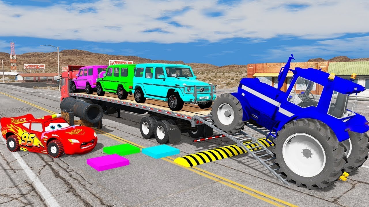 Flatbed Trailer McQueen Cars Transportation with Truck, Truck vs Train #9 - BeamNG Drive