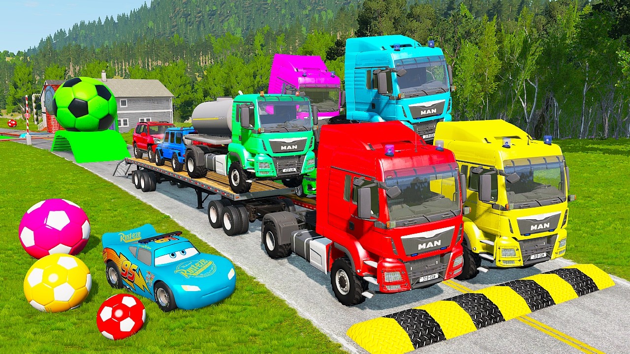 Flatbed Trailer McQueen Transportation with Truck - Speedbumps vs Cars vs Train - BeamNG.Drive #5