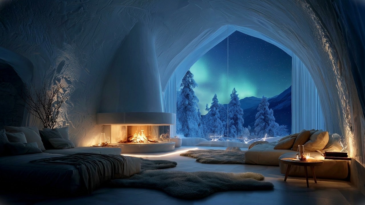 Cozy Fireplace 🔥 Luxury Arctic Igloo Interior | Real Crackling Fire Sounds | 4K | 3.33 Hours
