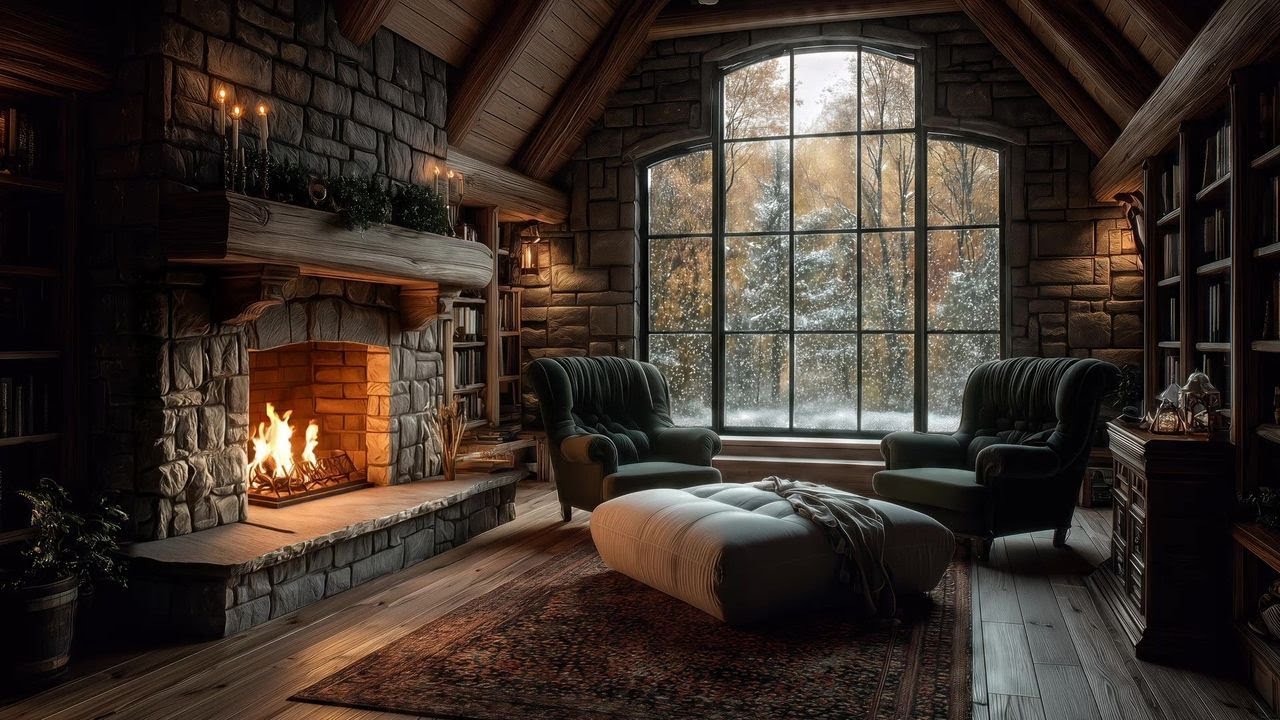 ❄️🔥 “Snowfall in the Stonewood Cabin | Cozy Fireplace, Winter Windows & Rustic Warmth” 🌲✨