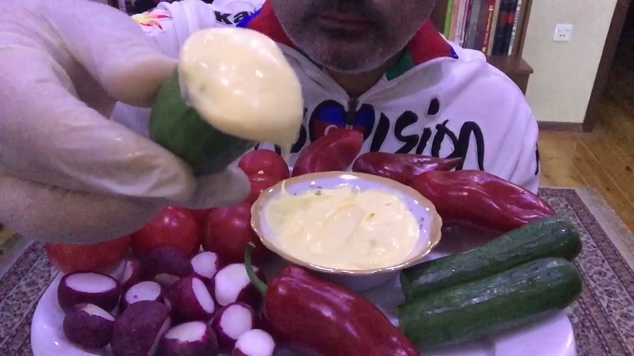 ASMR vegetables: tomatoes, cucumbers, bell peppers, radishes and cheese sauce