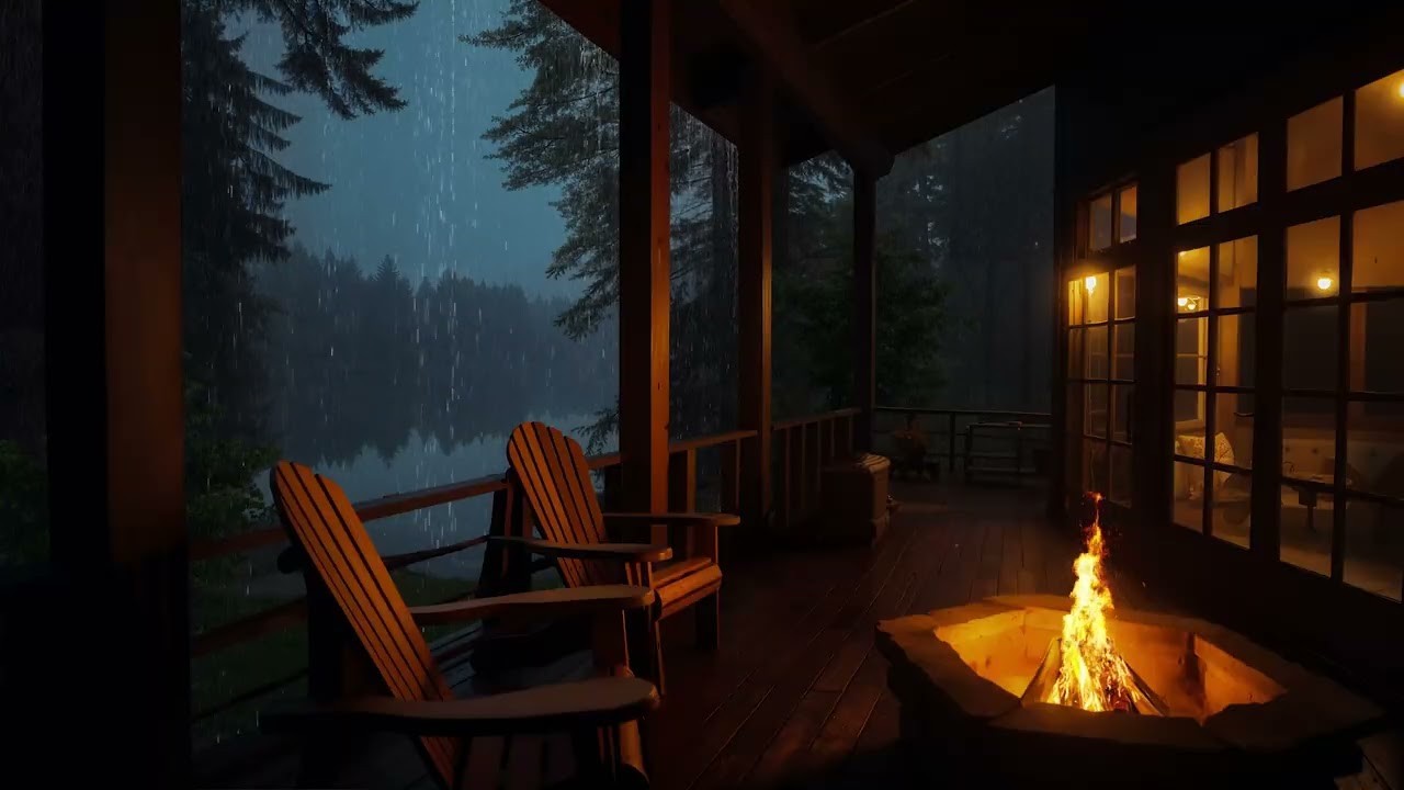 Cozy Porch on Rainy Day Forest Ambience | Fire Pit and Relaxing Rainfall by The Lake