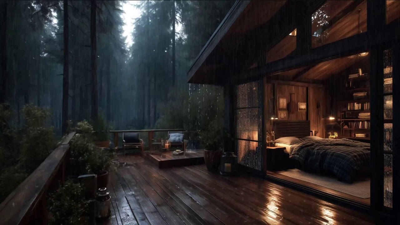 Calming Rain on Window, Cozy Cabin Night | Jazz Piano for Sleep, Stress Relief
