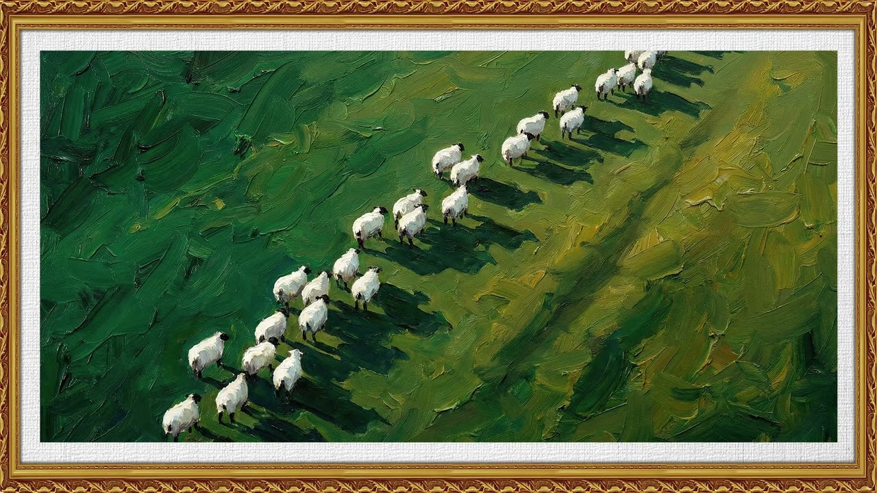 Yeşil Tarlada Koyun Sürüsü | Yağlı Boya Kırsal Manzara Tablosu – Tablo Ekran & Frame TV 🐑🎨
