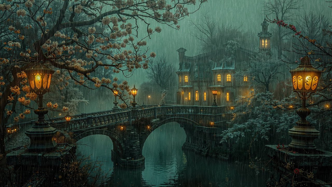 Relaxing by an Old Stone Bridge – Gloomy Rain Ambience with Melancholic Piano