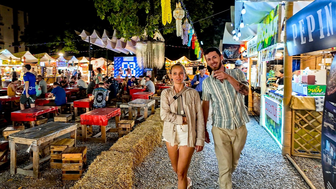 Chiang Mai’s Lanna Square Street Food Yard, Night Market, Old City Night Life, Walking Thailand 4K