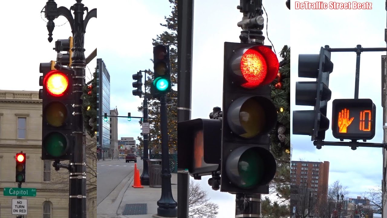 Black Traffic Lights & Flashing Crosswalk Signals at Michigan State Capitol 2023