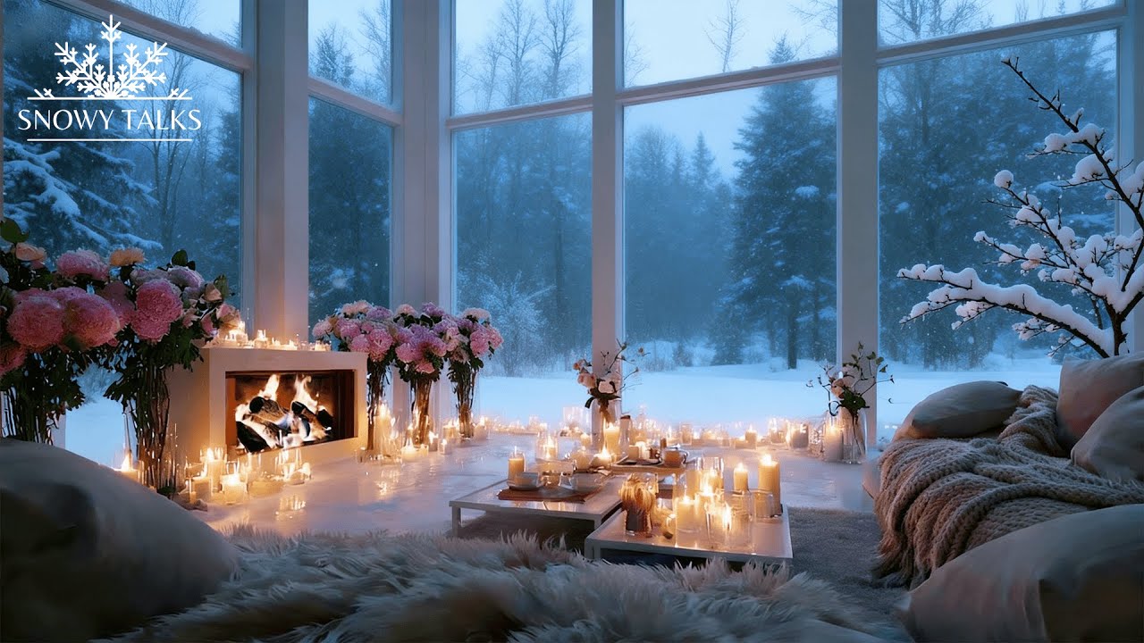 🎹💛 Cozy White Lounge Piano | Snow Drifting & Fire Crackling | Deep Relaxation Study & Focus