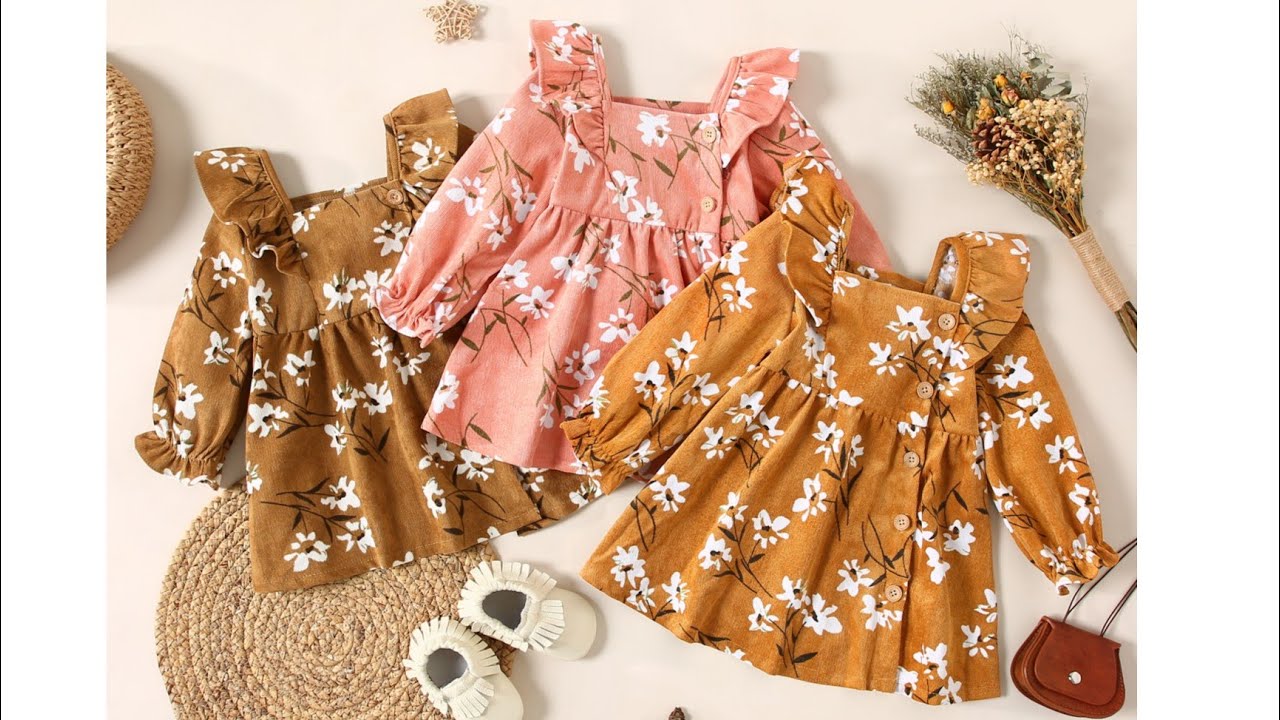 Side Button Placket Ruffle Shoulder Full Sleeve Baby Frock Cutting & Stitching/2-3 Year Baby Frock