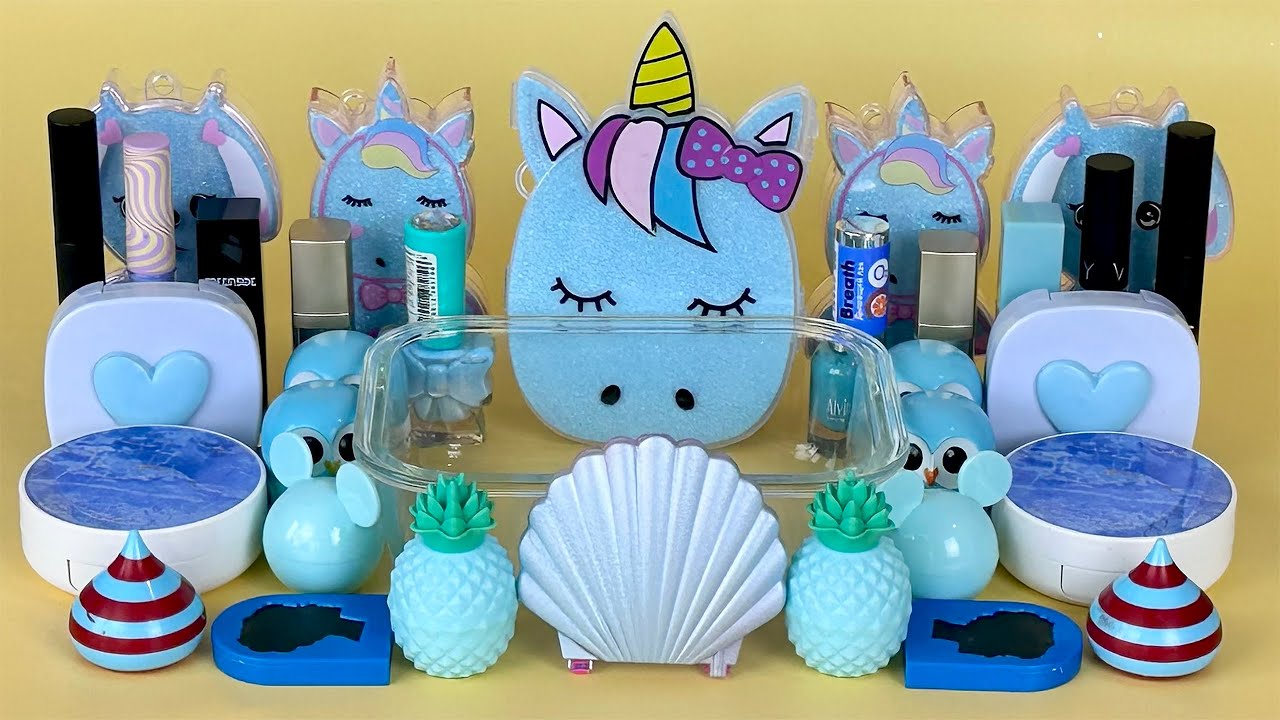 BLUE SLIME. Mixing makeup and glitter into Clear Slime. Satisfying Slime Videos 2160p.