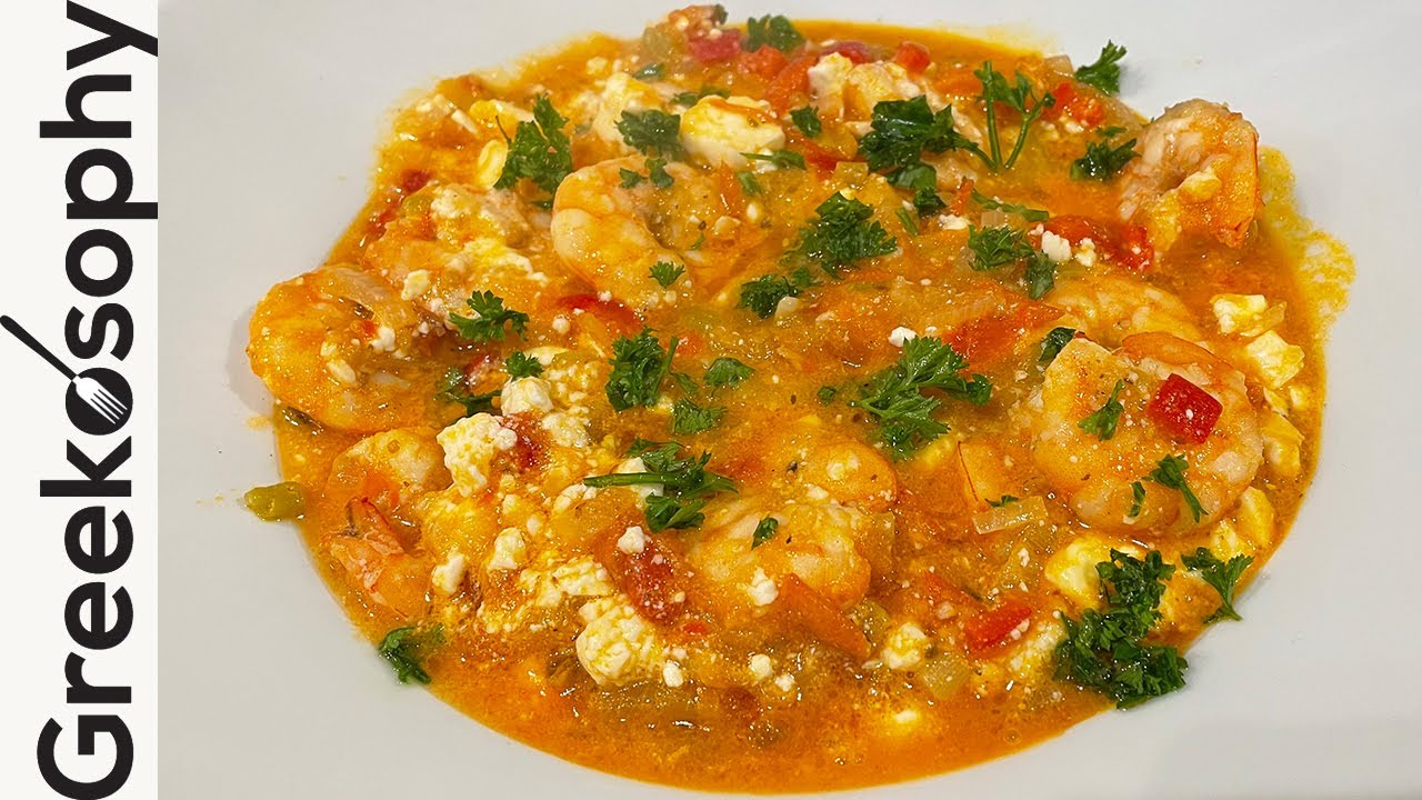 Greek Recipes - Garides Saganaki (King Prawns with tomatoes, Feta and ouzo)