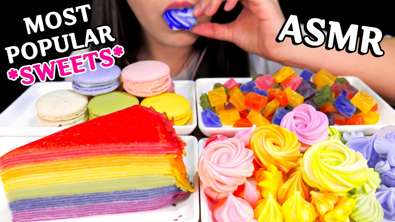 MOST POPULAR FOOD FOR ASMR MACARON, KOHAKUTOU, MERINGUE COOKIES, CREPE CAKE EATING SOUNDS |AprilASMR