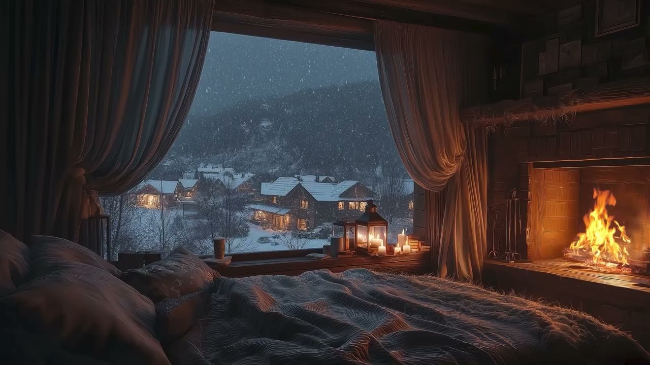 🌨️ Snowy Night in a Cozy Cabin | Fireplace & Winter Village Ambience for Deep Sleep (10 Hours)