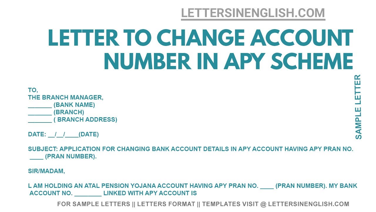 Letter for Change of Bank Account in Atal Pension Yojana | Letters in English