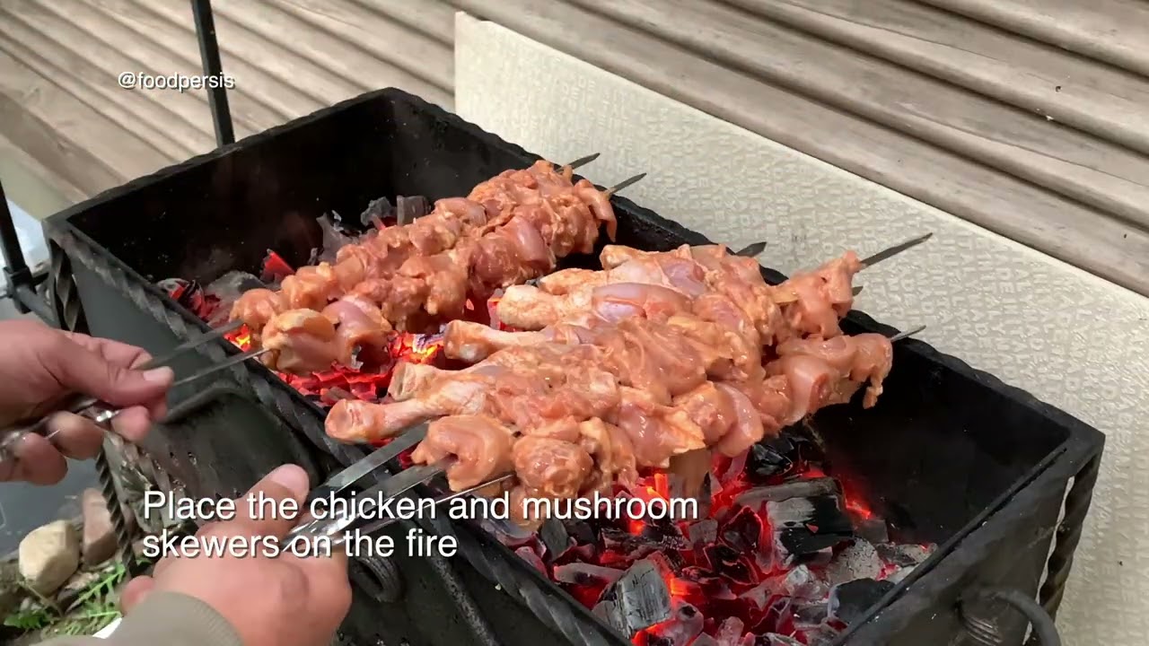 Chicken grill (Chicken kebab) with yogurt and tomato paste ,  Шашлик из курица , جوجه کباب