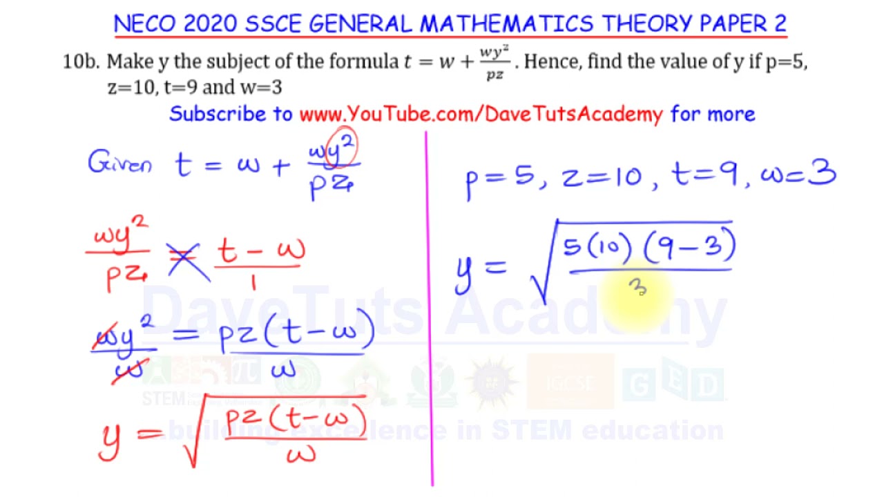 Change of Subject of Formula - 2020 NECO Past Question