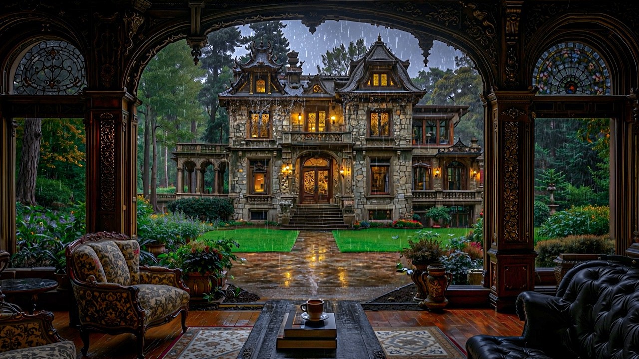 Drinking Tea in an Old Library Overlooking a Rainy Mansion | Dark Academia | Calm Focus & Relaxation