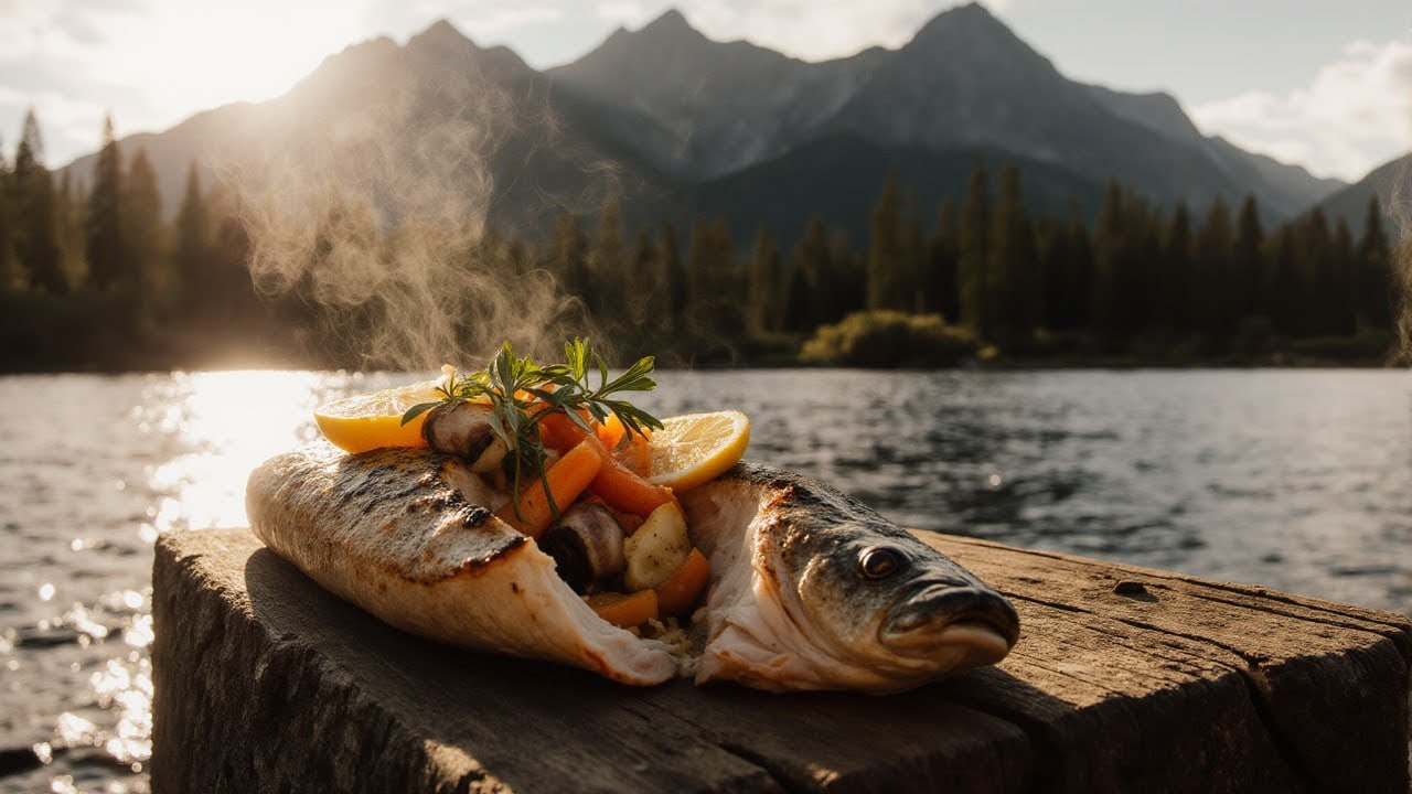 "Juicy Grilled Fish in the Wild — Stuffed with Veggies by the River")