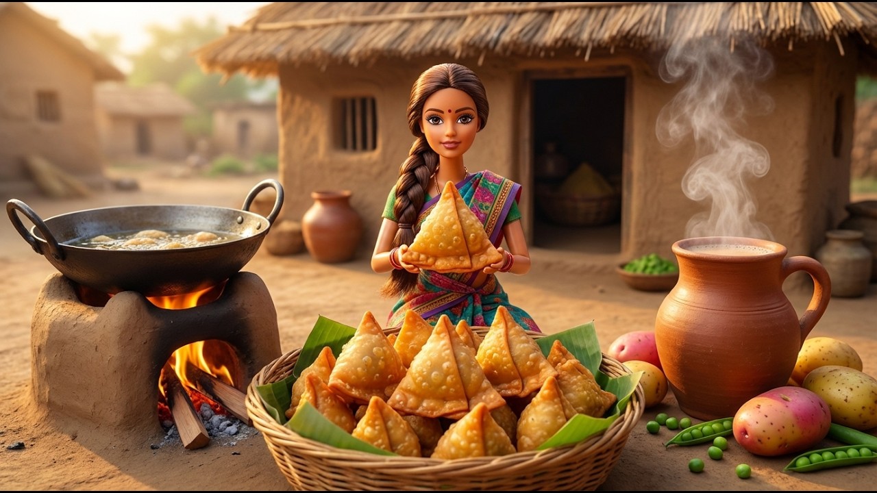 Miniature Doll Fresh Samosa & Tea Cooking ASMR | Serving Travelers | Indian Village Tiny