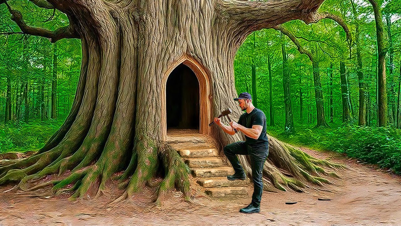 I Built a Hidden Forest Shelter Inside a Giant Tree  | 200 Days of Building a Treehouse