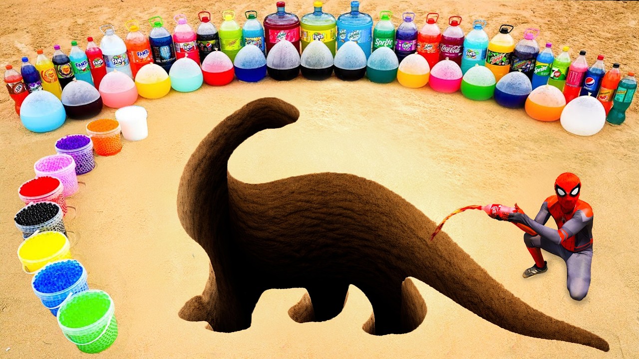 Making a Giant Sauropod Pit with Cement, Big Coca Cola, Fanta, Pepsi, Mtn Dew, Orbeez, 7UP vs Mentos