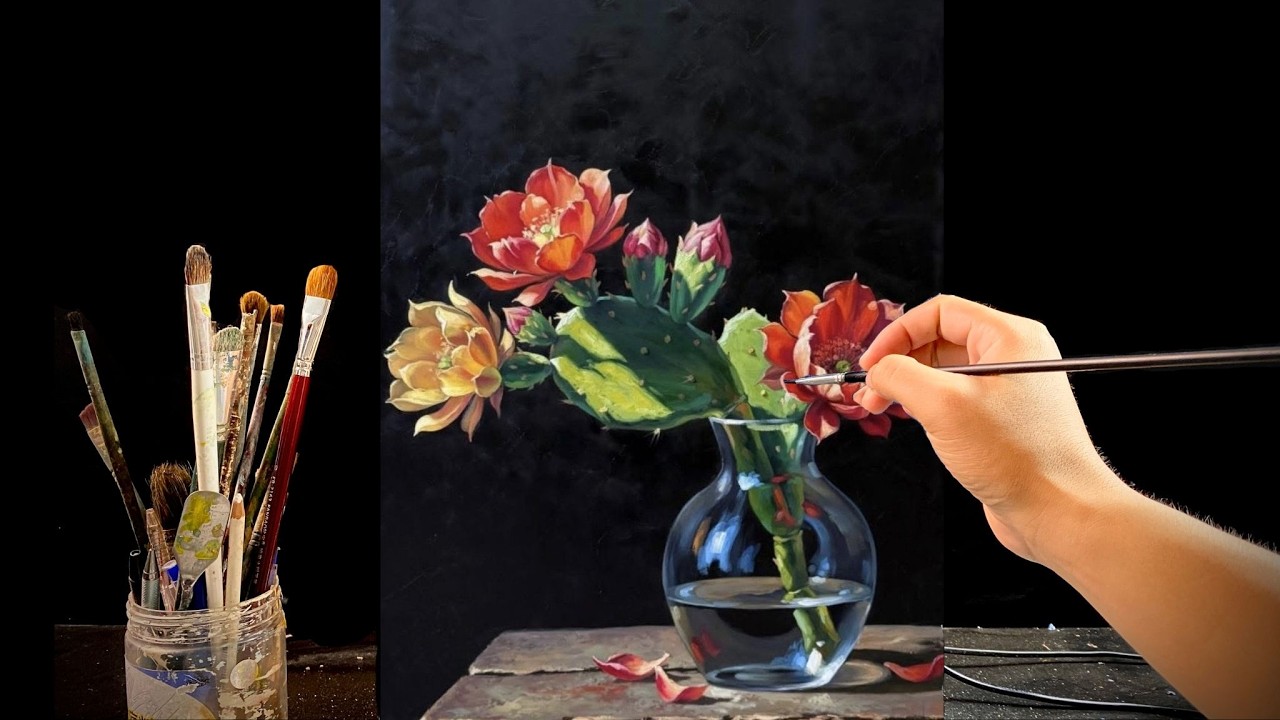 🎨 Painting Elegant Flowers in a Glass Vase | Relaxing Acrylic Still Life Tutorial | #150