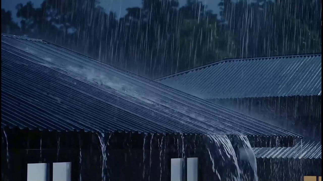 Midnight Steady Rain on Metal Roof with Soft Thunder | Calming ASMR for Stress Relief