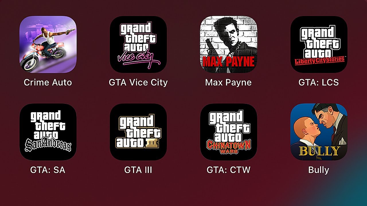 Crime Auto,Grand Theft Auto Vice City,Max Payne,Grand Theft Auto: LCS,GTA: SA,GTA III,GTA: CTW,Bully