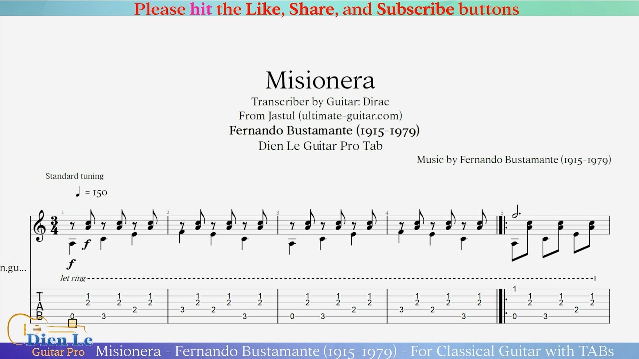 Misionera - Fernando Bustamante (1915-1979) - For Classical Guitar with TABs