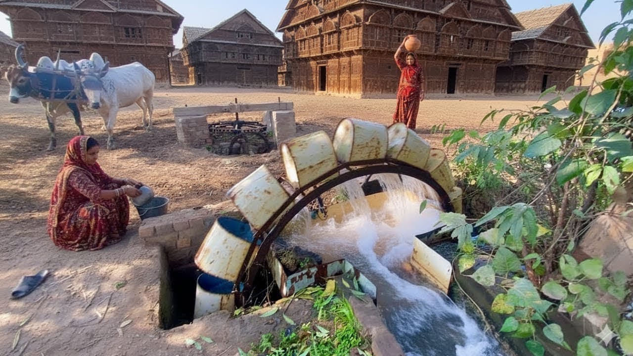 Traditional 100 year old water lifting irrigation system with bulls viral-trend