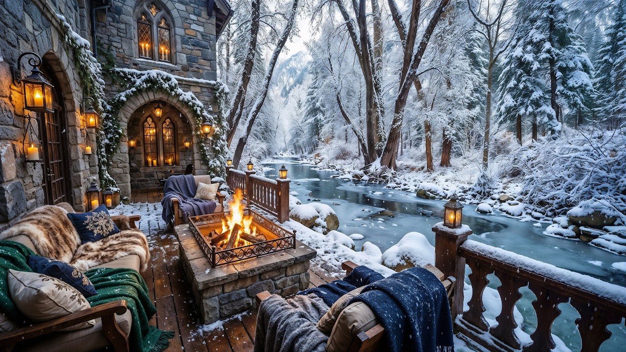 Enchanted Frosty Castle Terrace by Icy Stream ❄️🏰 Medieval Music & Winter Nature Sounds for Relax