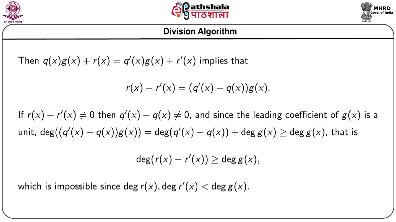 Division Algorithm and its consequences