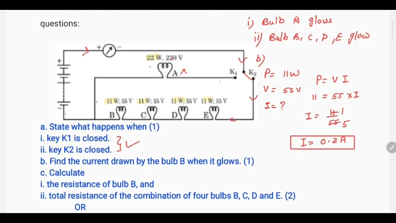 Q. In a domestic circuit five LED bulbs are arranged as shown. The source voltage is 220 V and