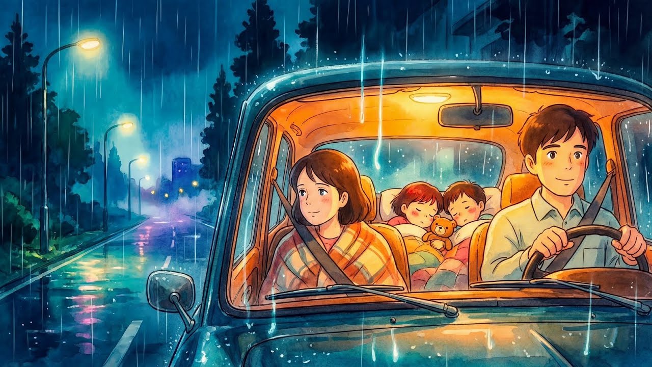 “A Peaceful Family Road Trip at Night 🌧️ Cozy Rain Sounds | Ghibli-Inspired ASMR”