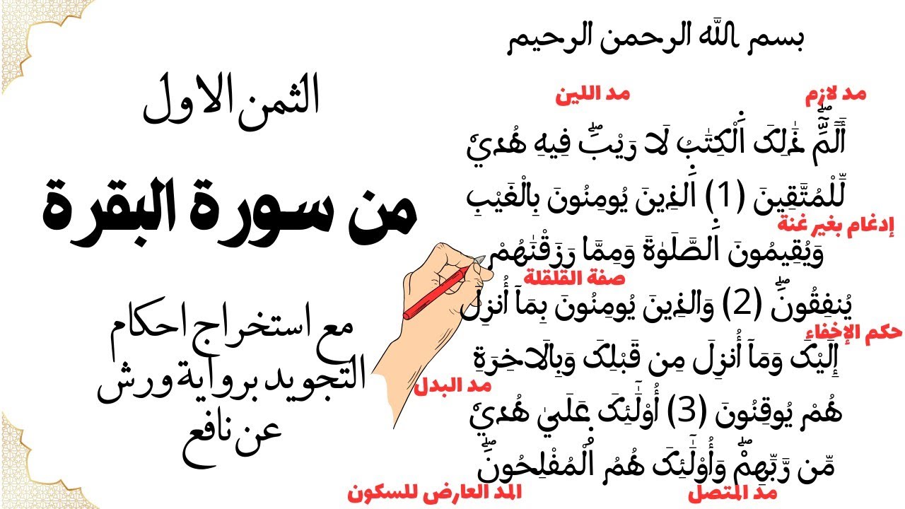 استخراج الأحكام التجويدية من الثمن 1 من سورة البقرة مع شرحها ( أحكام النون ، المدود ، أحكام الهمز)✅