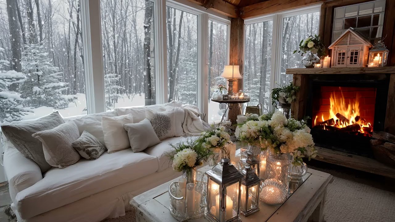 ❄️ Winter Calm Piano Lounge | Cozy Fireplace with Snow View | Study Meditation