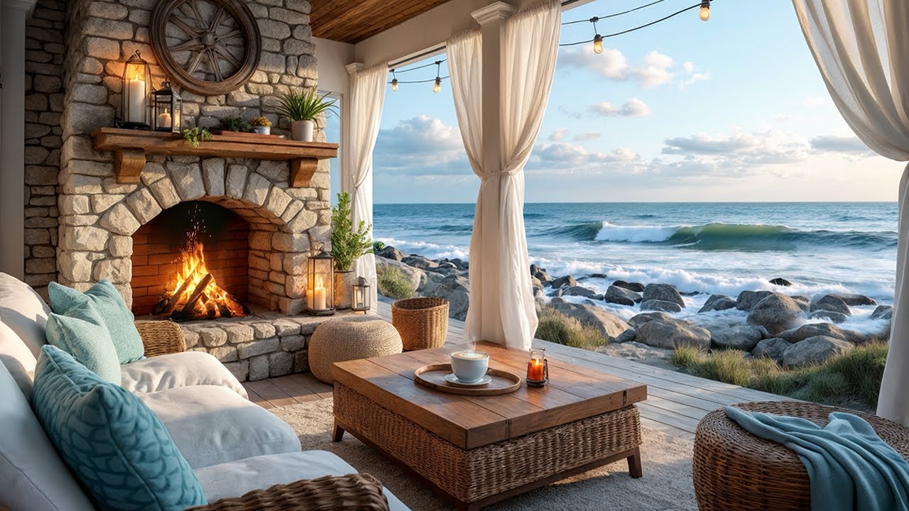 Wild Ocean & Cozy Fire | Stormy Seaside Porch Ambience for Sleep & Study