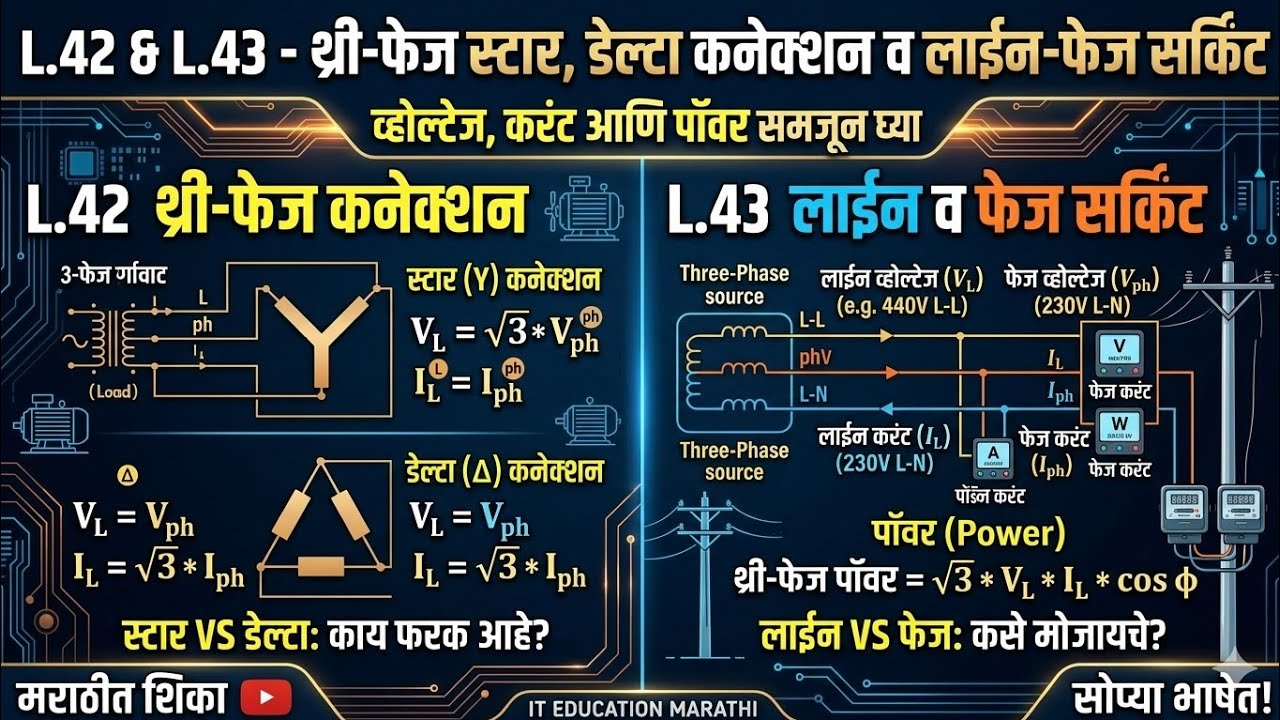 L.42&43-थ्री-फेज स्टार आणि डेल्टा कनेक्शनची संकल्पना आणि त्यामधील लाइन & फेज व्होल्टेज,करंट आणि पॉवर
