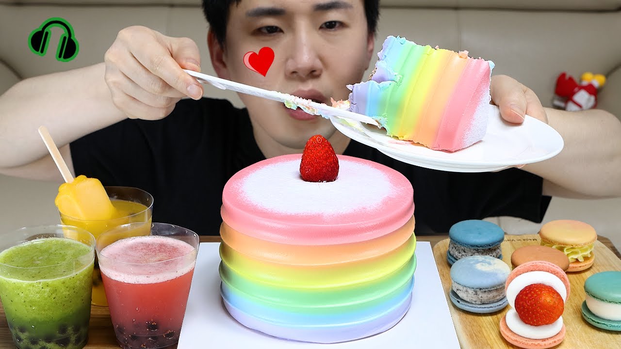 SUB 레인보우케이크 마카롱 버블티 OMG..Rainbow cake Macaron Mukbang ASMR DoNam 조용한먹방