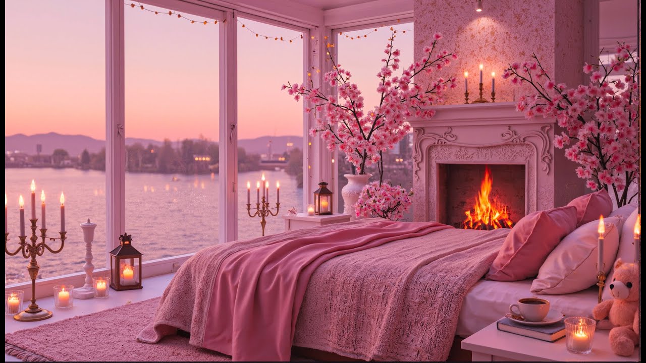 Tranquil Winter Piano Relaxing ❄️ Cozy Pink Lounge Fireplace & Falling Snow Ambience to Relaxation