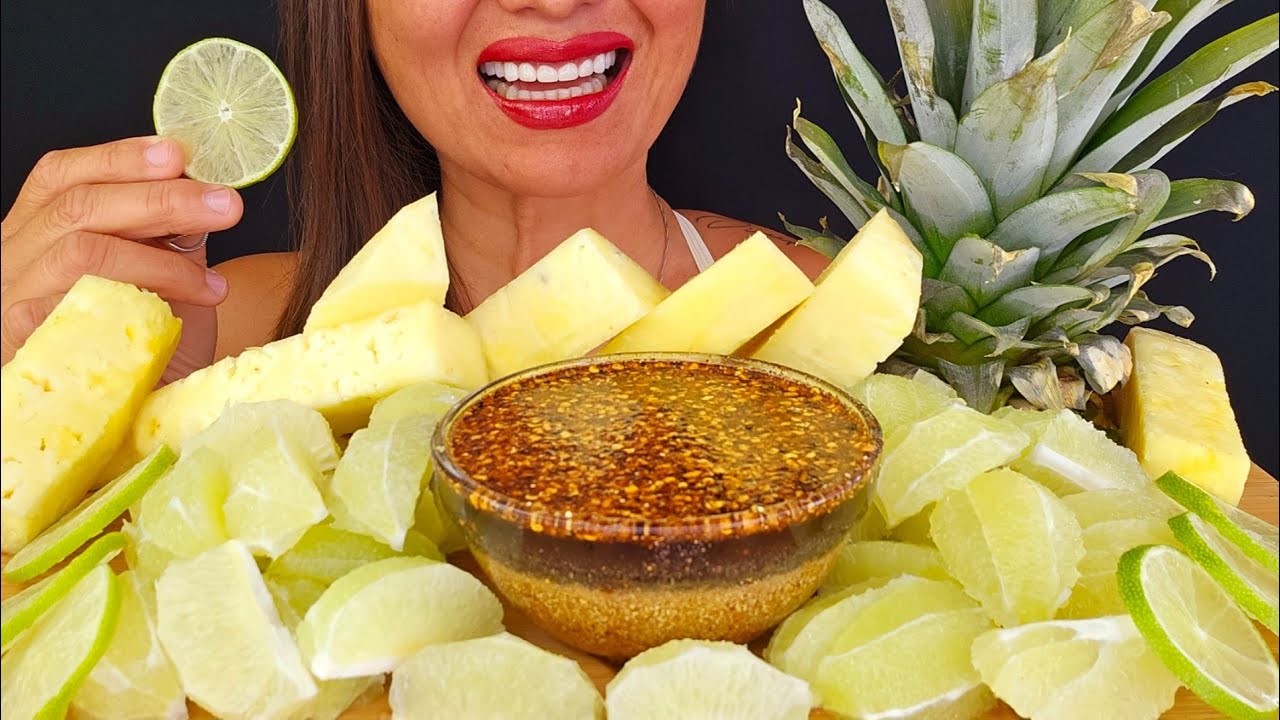 EATING EXTREME SOUR LIMES & SWEET PINEAPPLE WITH PEPPER SAUCE ASMR MUKBANG EATING NOISES CRINGE