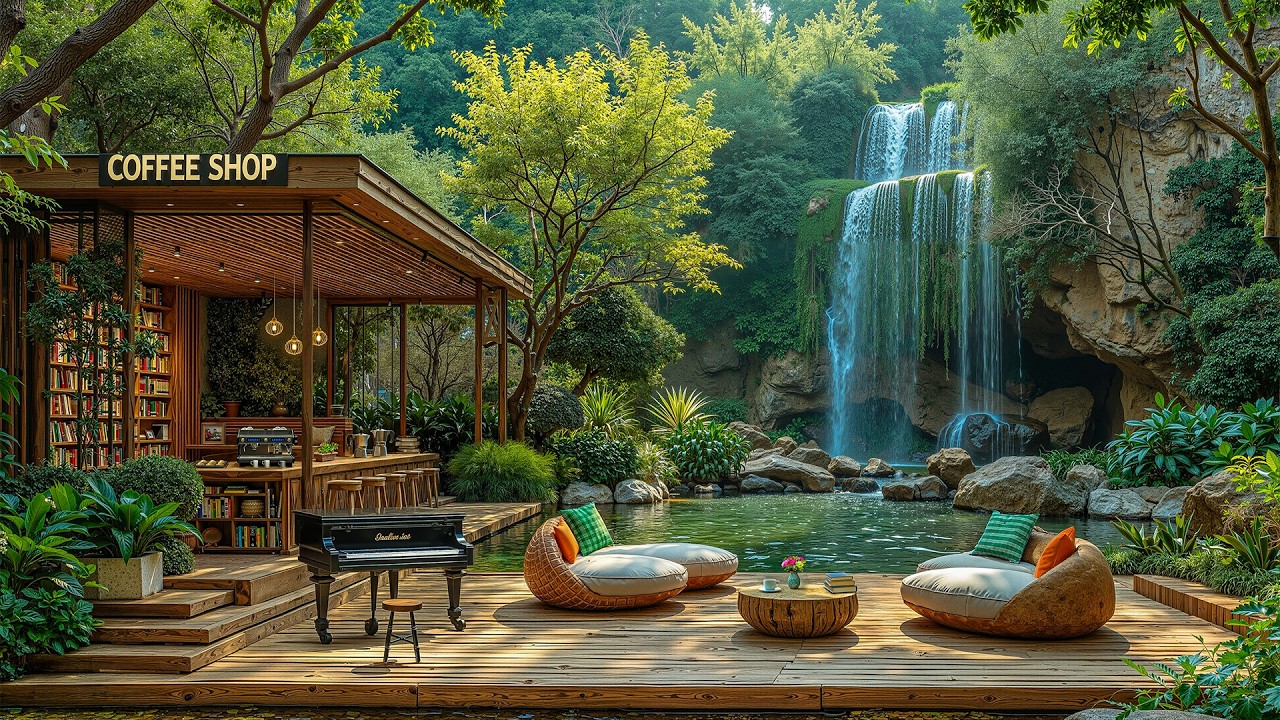 Peaceful Outdoor Bookstore Coffee Shop Jazz in the Forest 🌿 Smooth Jazz Music for Work & Study