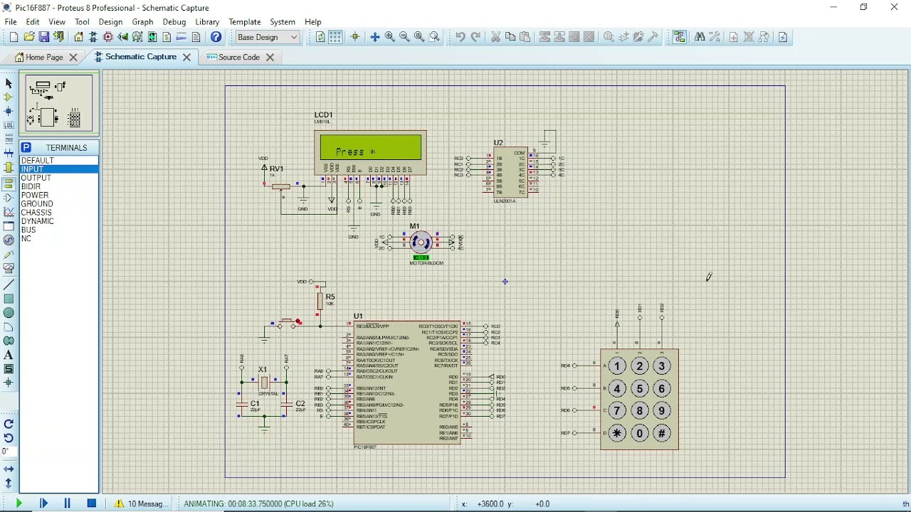 Proteus and MikroC Pro, project programming C. Door Access, KEYPAD, LCD, Pic16F887.