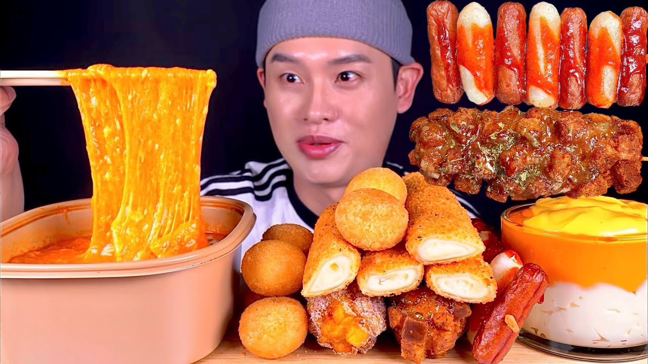 명랑핫도그 치즈로제떡볶이 자이언트치즈스틱 의성마늘통모짜 고구마통모짜 핫도그 먹방~!! Cheese Tteokbokki With Crispy Corn Dog MuKBang~!!